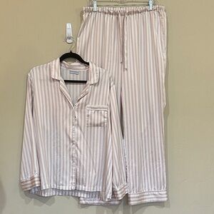 Pink & White Striped Satin Pajamas Set Shirt & full length pants Womens Sz XL|16